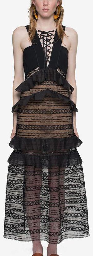 Black Lace Tie-Up Front Long Dress - DESIGNER INSPIRED FASHIONS