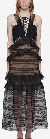 Black Lace Tie-Up Front Long Dress - DESIGNER INSPIRED FASHIONS
