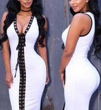 Lace-Up Bodycon Bicolor Dress, White & Black - DESIGNER INSPIRED FASHIONS