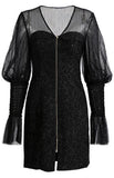 Black Glitter Flocked-Sleeve Mini Dress