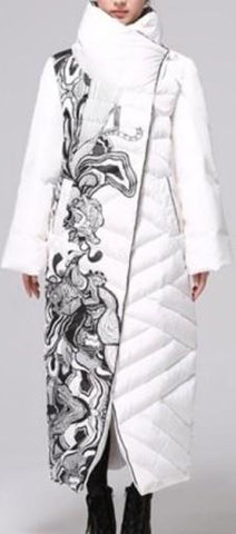 Printed Paneled Long Puffer Coat, White