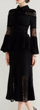 Black Lace-Paneled Peplum Dress with Bell-Sleeves