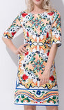 'Majolica' Print Knee Length Dress - Multi Color - DESIGNER INSPIRED FASHIONS