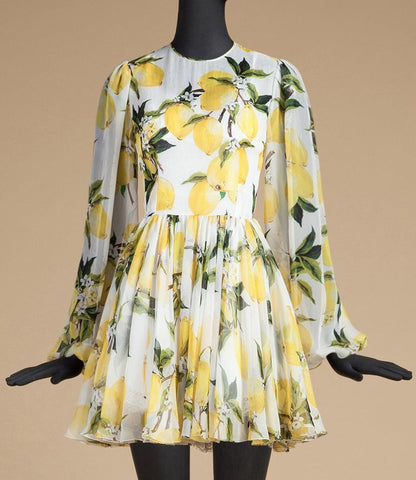 Lemon Print Silk Mini Dress - DESIGNER INSPIRED FASHIONS