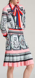 Printed Pussy-Bow Shirt & Pleated Printed Skirt Set