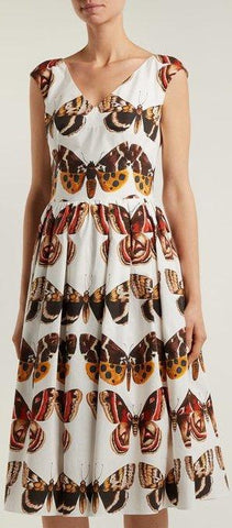 Butterfly-Print Pleated Cotton Dress