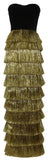 Strapless Tinsel-Tiered Gown
