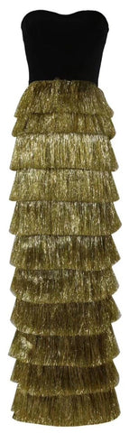 Strapless Tinsel-Tiered Gown