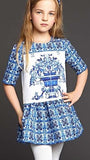 Blue & White Majolica Tile Print Tunic Dress - DESIGNER INSPIRED FASHIONS