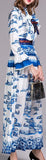 Embellished Ruffled Printed Dress - Blue & White - DESIGNER INSPIRED FASHIONS
