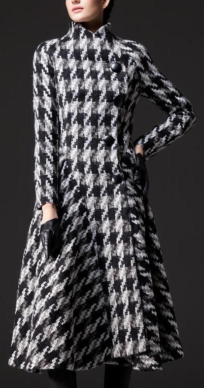 Houndstooth Long Wool Coat - DESIGNER INSPIRED FASHIONS