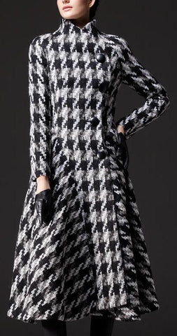 Houndstooth Long Wool Coat - DESIGNER INSPIRED FASHIONS
