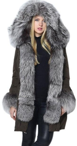 Thick Silver Fox Fur Trimmed Down Coat in Army Green or Black - DESIGNER INSPIRED FASHIONS