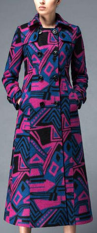 Geometric Print Wool Trench Coat - DESIGNER INSPIRED FASHIONS