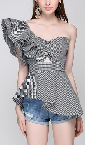 'MarÌ_a De M̬dici' Asymmetrical Peplum Gingham Top - DESIGNER INSPIRED FASHIONS