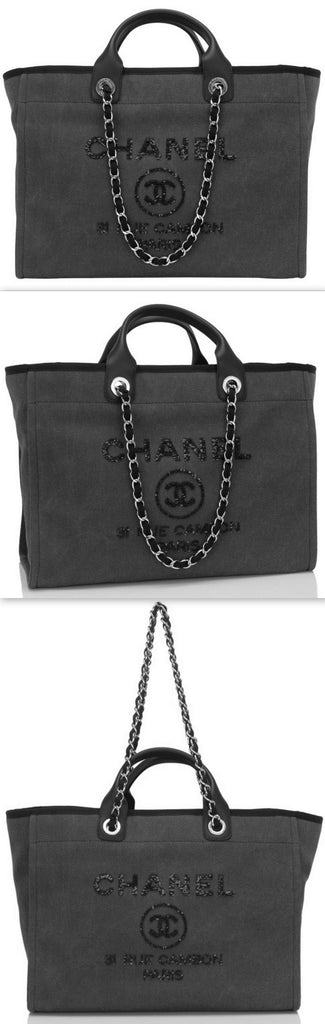 Large Canvas With Sequins Deauville Tote, Charcoal **Limited Stock** - DESIGNER INSPIRED FASHIONS