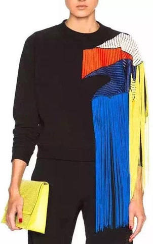 Color-Block Fringed Sweatshirt - DESIGNER INSPIRED FASHIONS
