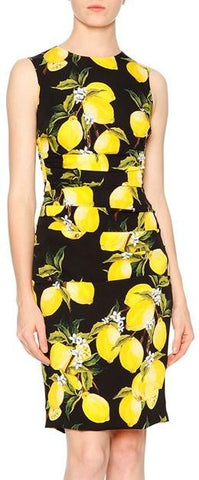 Sleeveless Lemon-Print Sheath Dress, Yellow/Black - DESIGNER INSPIRED FASHIONS