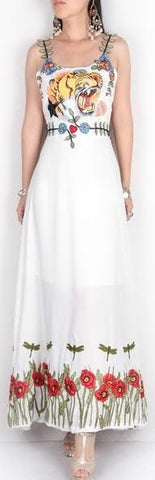 'Gardenia' Cady Long Tiger Embroidered Dress-White - DESIGNER INSPIRED FASHIONS