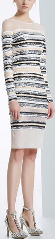 Sequin-Embellished Mesh Paneled Evening Dress