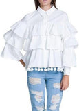 Pom Pom Tiered Shirt, White - DESIGNER INSPIRED FASHIONS