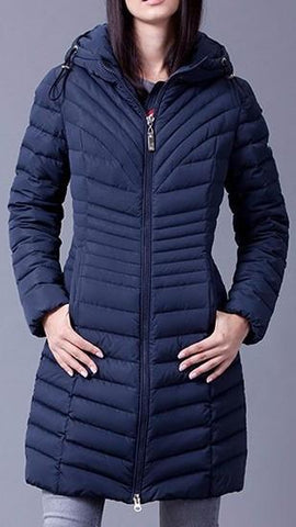 Paneled Hooded Down Coat in Deep Blue - DESIGNER INSPIRED FASHIONS