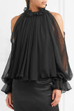 Black Cold-Shoulder Chiffon Blouse