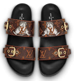 'Bom Dia' Flat Mule Monogram Canvas Shoes - Black or Brown
