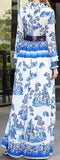 Embellished Ruffled Printed Dress - Blue & White - DESIGNER INSPIRED FASHIONS