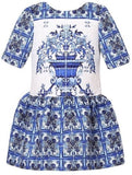 Blue & White Majolica Tile Print Tunic Dress - DESIGNER INSPIRED FASHIONS