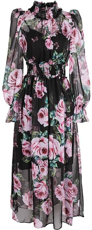 Roses Printed Silk & Chiffon Blend Midi Dress