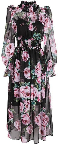 Roses Printed Silk & Chiffon Blend Midi Dress