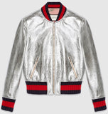 Crackle Leather Metallic Bomber Jacket-Silver - DESIGNER INSPIRED FASHIONS