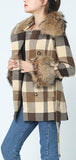 Fur-Trim Short Plaid Wool Coat