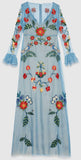 Baby Blue Floral Embroidered Long Silk Organza Dress - DESIGNER INSPIRED FASHIONS