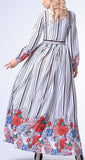 Floral & Stripe Print Neck-Tie Long Dress-White - DESIGNER INSPIRED FASHIONS