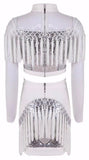 Fringed Sequined Stretch Mesh Top & Skirt Set