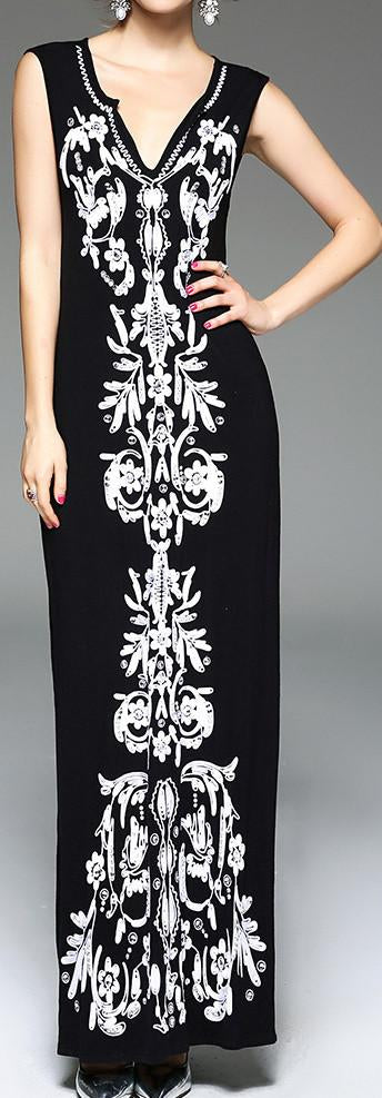 Long Black Embroidered Sleeveless Dress - DESIGNER INSPIRED FASHIONS