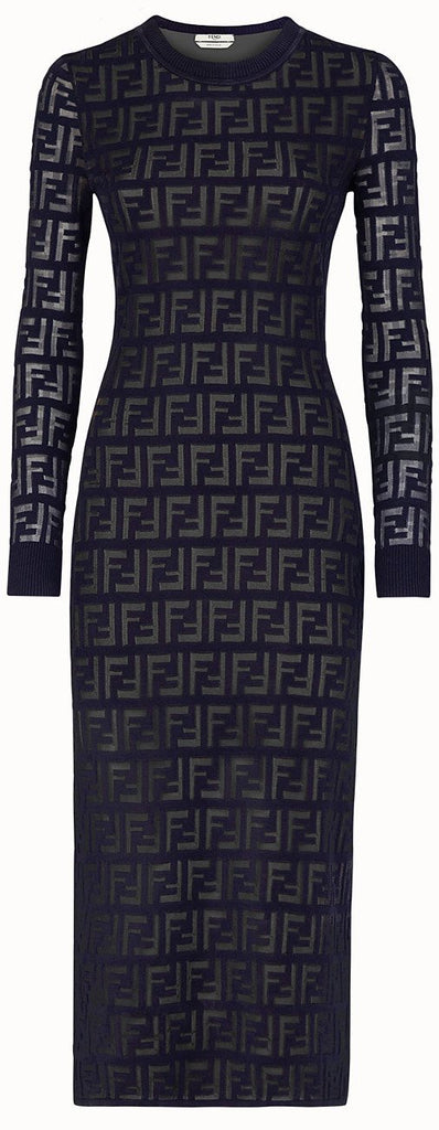 'FF' Intarsia Knit Midi Dress, Dark Blue | DESIGNER INSPIRED FASHIONS