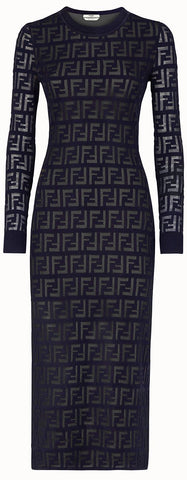 'FF' Intarsia Knit Midi Dress, Dark Blue | DESIGNER INSPIRED FASHIONS