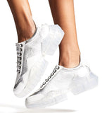 Silver Metallic Leather and White Calf Leather Low Top Trainers