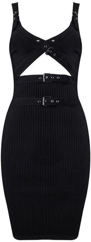 Black Buckled Ribbed Cutout Mini Dress