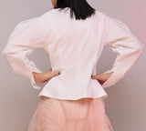 Ruched Puff-Sleeve Pearl-Embellished Top