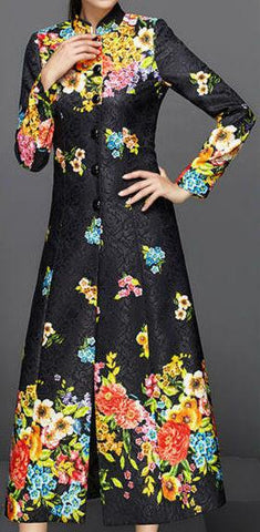 Full-Length Floral Print Jacquard Coat in Black - DESIGNER INSPIRED FASHIONS