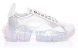 Silver Metallic Leather and White Calf Leather Low Top Trainers
