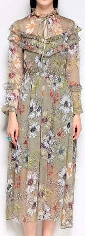 Floral Ruffle Midi Dress - Khaki or Black