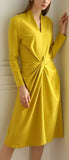 Long-Sleeve Ruched V-Neck Dress