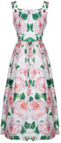 Flower-Button-Appliques Printed Midi Dress