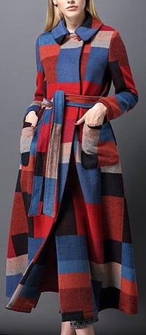 Multi Colored Geometric Print Long Wool Coat - DESIGNER INSPIRED FASHIONS