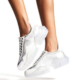 Silver Metallic Leather and White Calf Leather Low Top Trainers